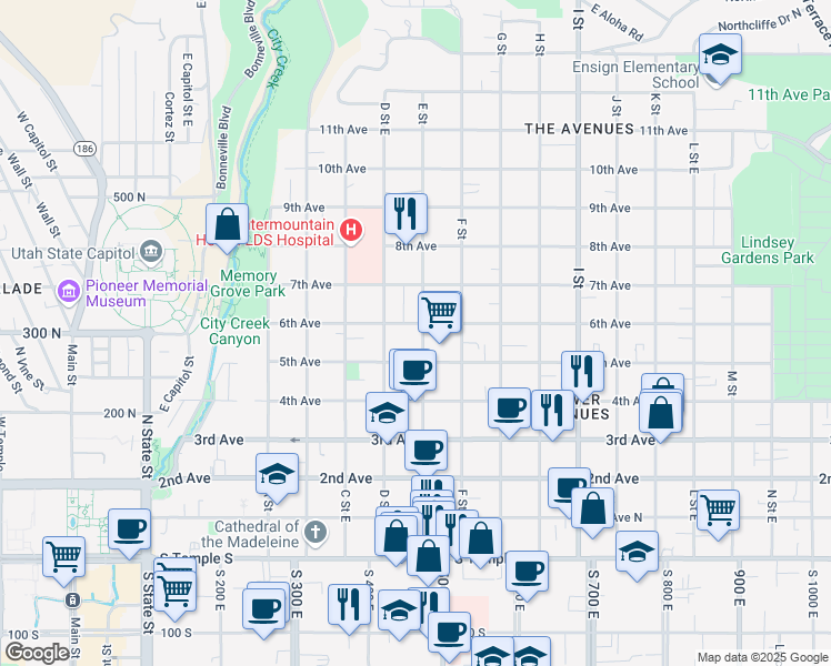 map of restaurants, bars, coffee shops, grocery stores, and more near 279 N Street in Salt Lake City