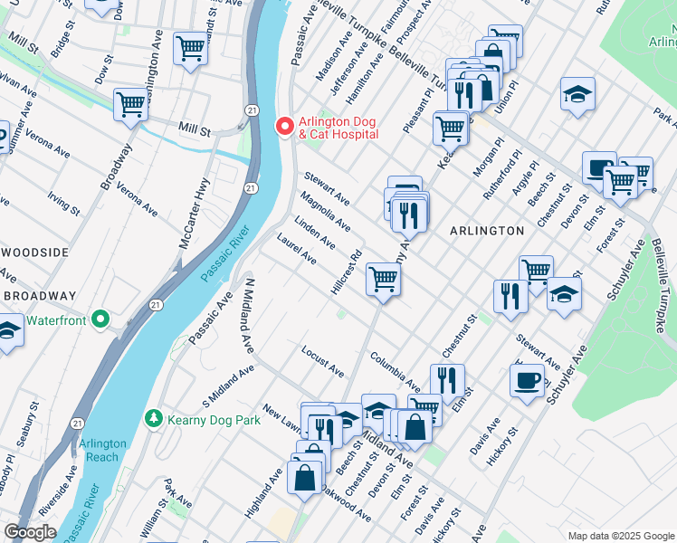 map of restaurants, bars, coffee shops, grocery stores, and more near 77 Laurel Avenue in Kearny