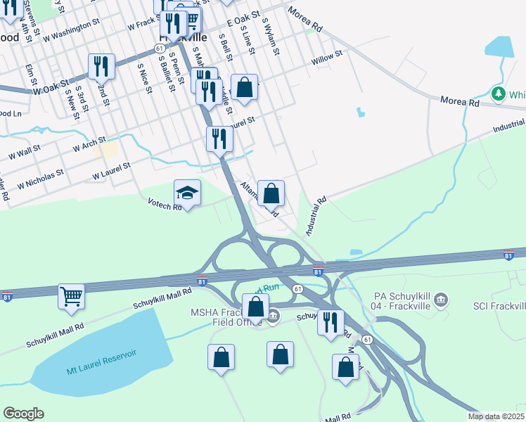 map of restaurants, bars, coffee shops, grocery stores, and more near 628 South Lehigh Avenue in Frackville