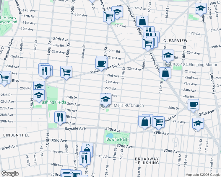 map of restaurants, bars, coffee shops, grocery stores, and more near 154-51 24th Road in Queens