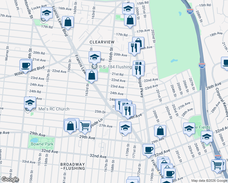 map of restaurants, bars, coffee shops, grocery stores, and more near 166-27 24th Avenue in Queens