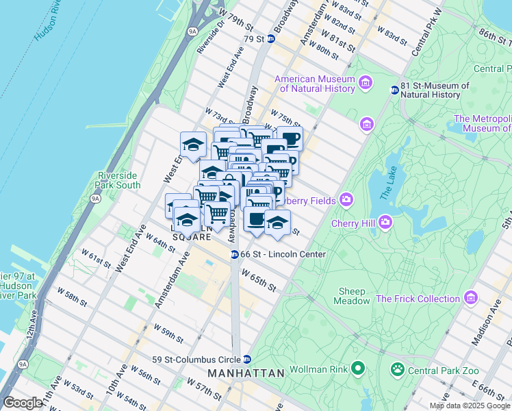 map of restaurants, bars, coffee shops, grocery stores, and more near 119 West 69th Street in New York