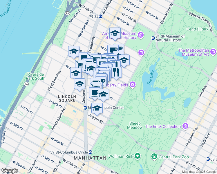 map of restaurants, bars, coffee shops, grocery stores, and more near 53 West 70th Street in New York