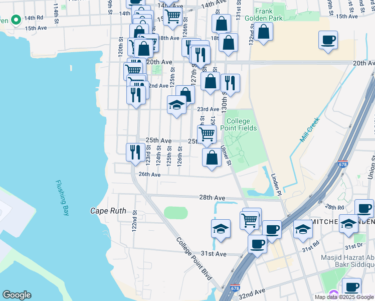 map of restaurants, bars, coffee shops, grocery stores, and more near 25-18 127th Street in Queens