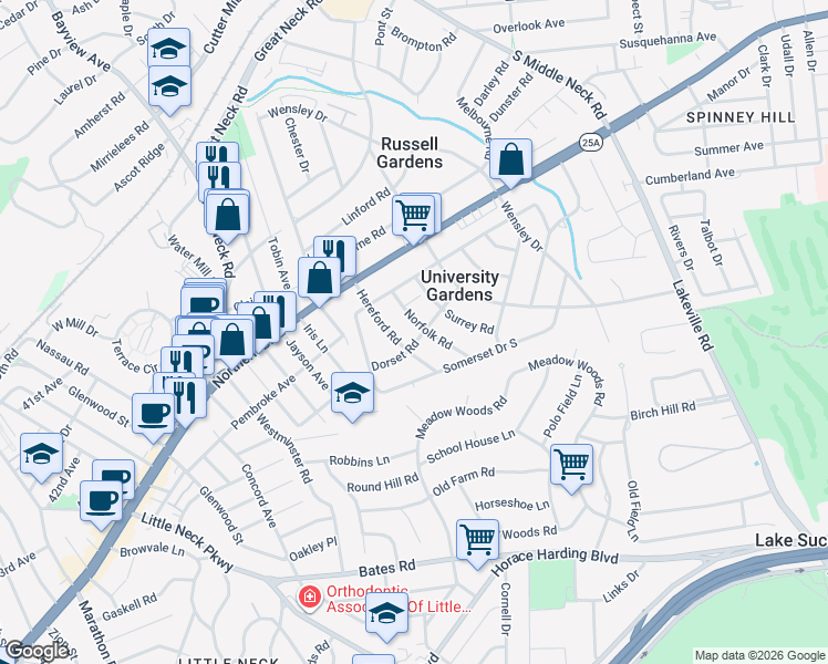 map of restaurants, bars, coffee shops, grocery stores, and more near 15 Hereford Road in Great Neck