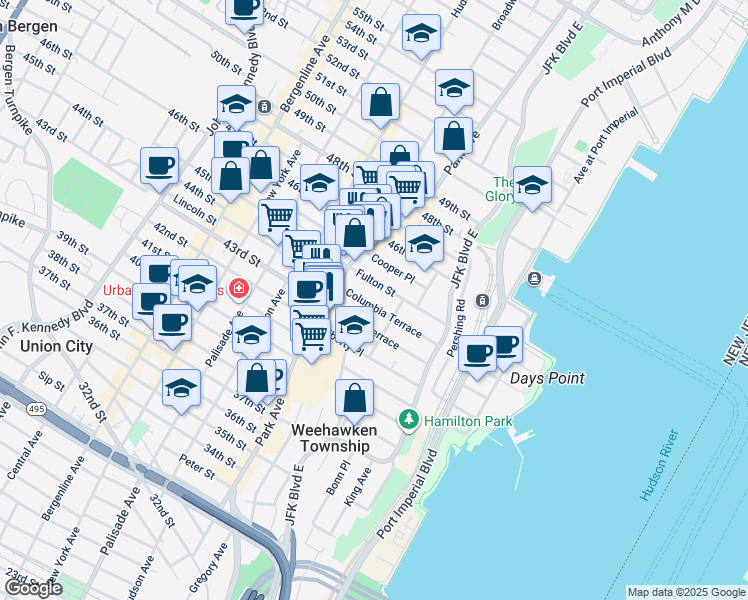 map of restaurants, bars, coffee shops, grocery stores, and more near 70-72 Columbia Terrace in Weehawken