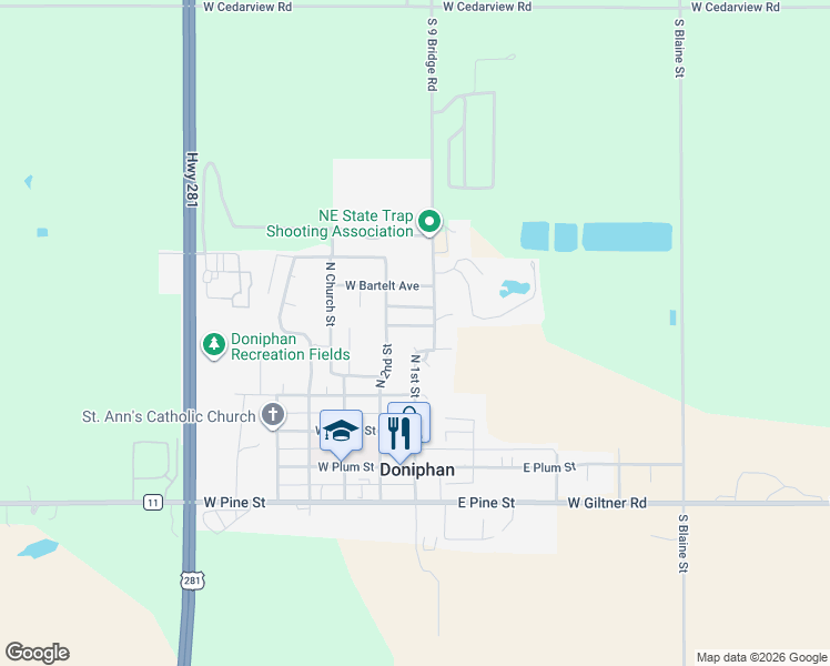 map of restaurants, bars, coffee shops, grocery stores, and more near 318 North 1st Street in Doniphan