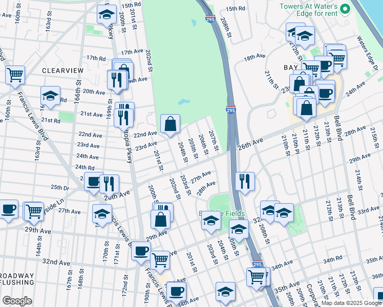 map of restaurants, bars, coffee shops, grocery stores, and more near 23-58 205th Street in Queens