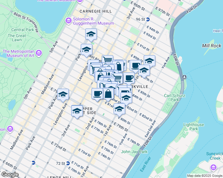 map of restaurants, bars, coffee shops, grocery stores, and more near 303 East 83rd Street in New York