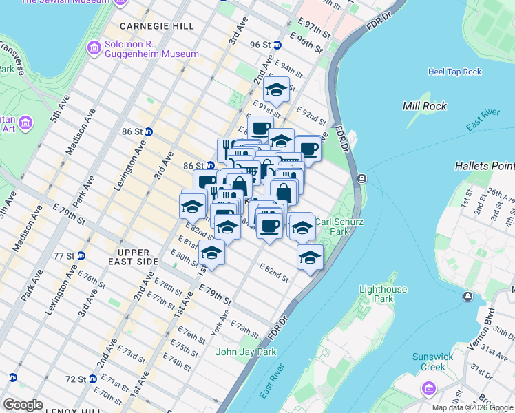 map of restaurants, bars, coffee shops, grocery stores, and more near 415 East 85th Street in New York