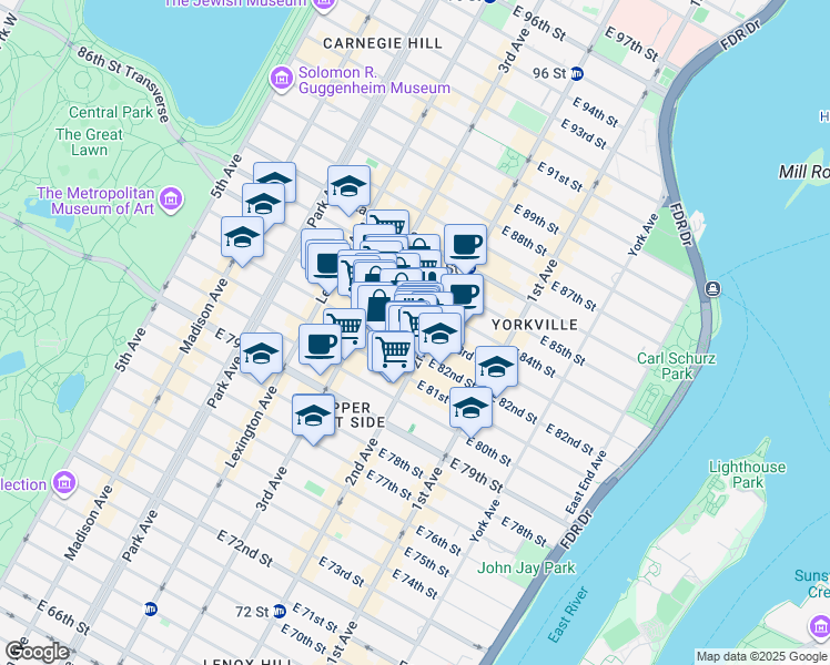 map of restaurants, bars, coffee shops, grocery stores, and more near 242 East 83rd Street in New York