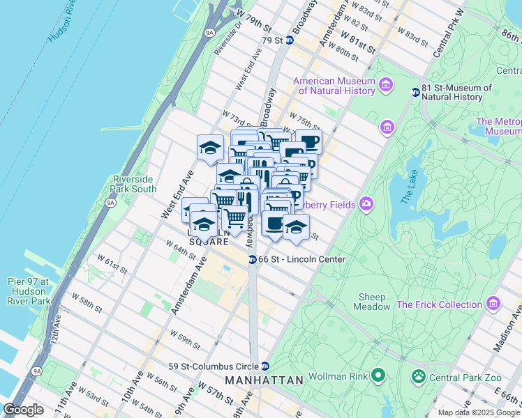 map of restaurants, bars, coffee shops, grocery stores, and more near 140 West 69th Street in New York