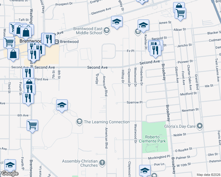 map of restaurants, bars, coffee shops, grocery stores, and more near 31 Robin Hill Place in Brentwood
