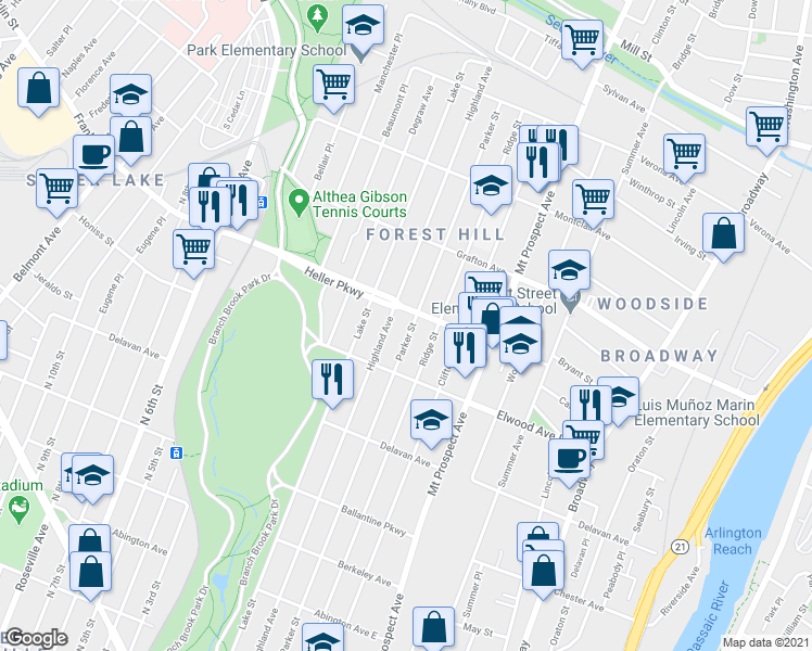 map of restaurants, bars, coffee shops, grocery stores, and more near 656 Parker Street in Newark