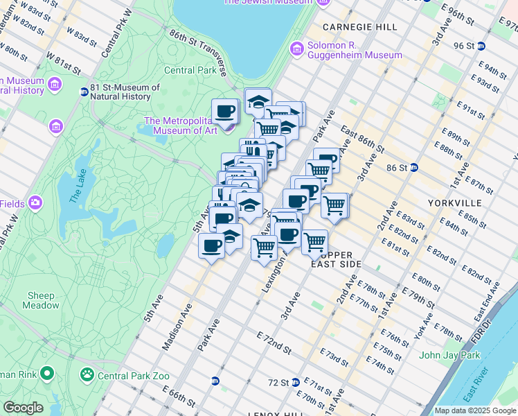 map of restaurants, bars, coffee shops, grocery stores, and more near 73 East 79th Street in New York