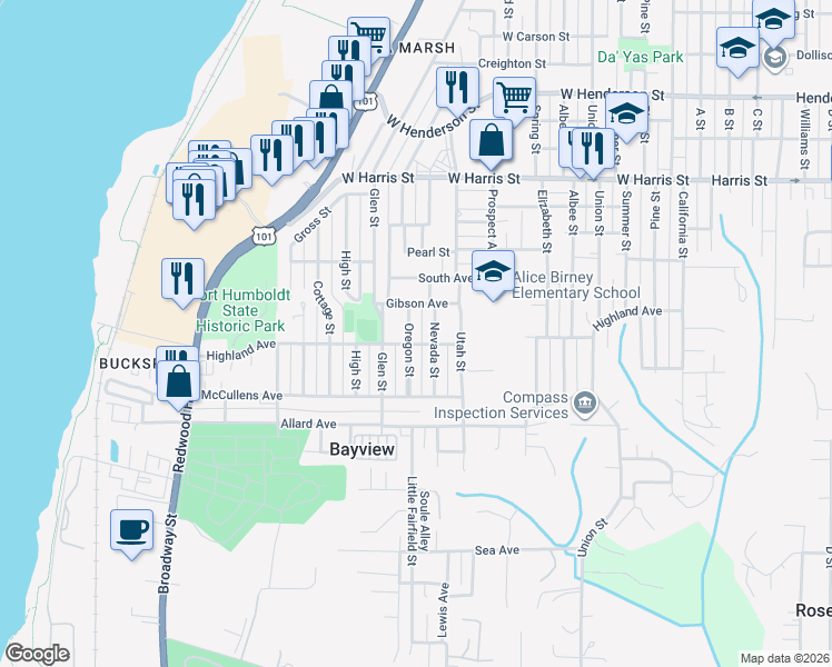 map of restaurants, bars, coffee shops, grocery stores, and more near 3451 Oregon Street in Eureka