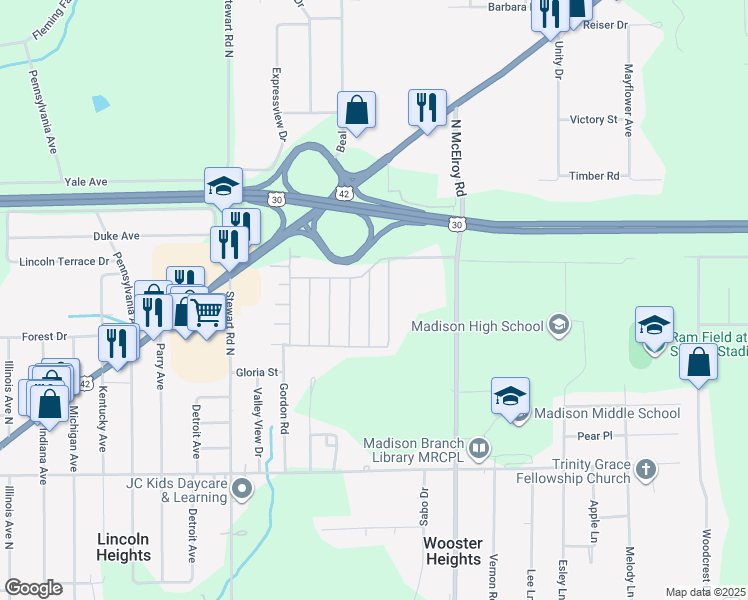 map of restaurants, bars, coffee shops, grocery stores, and more near 678 Champion Road in Mansfield