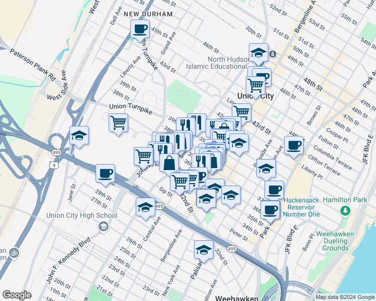 map of restaurants, bars, coffee shops, grocery stores, and more near 3700 John F. Kennedy Boulevard in Union City