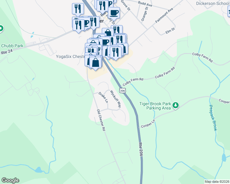 map of restaurants, bars, coffee shops, grocery stores, and more near 30 Wyckoff Way in Chester