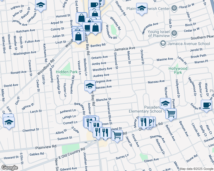map of restaurants, bars, coffee shops, grocery stores, and more near 20 Nassau Avenue in Plainview