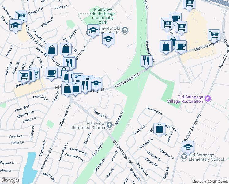 map of restaurants, bars, coffee shops, grocery stores, and more near 1231 Old Country Road in Plainview