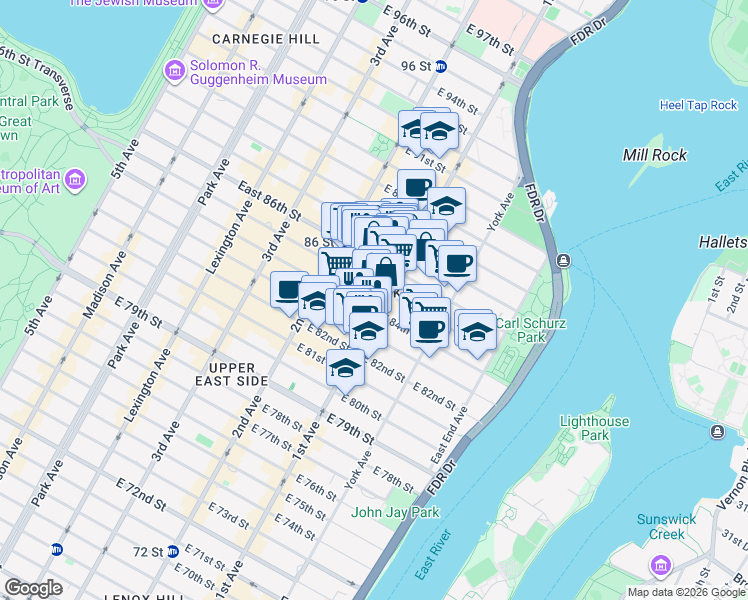 map of restaurants, bars, coffee shops, grocery stores, and more near 1634 1st Avenue in New York