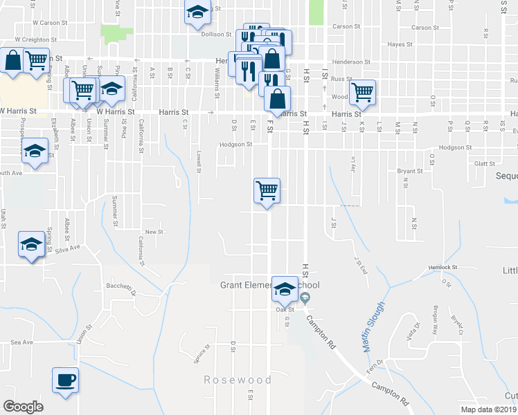 map of restaurants, bars, coffee shops, grocery stores, and more near 407 Cooper Lane in Eureka