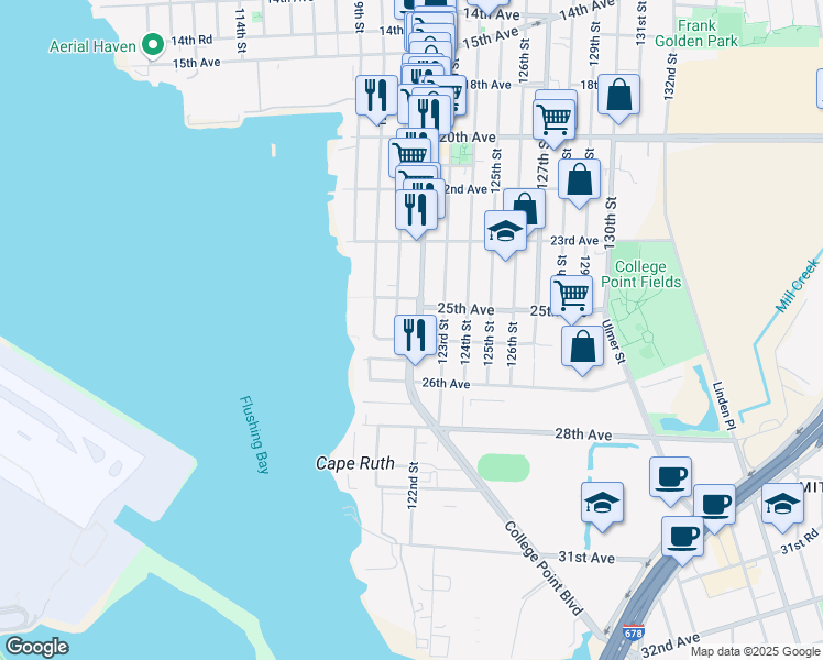 map of restaurants, bars, coffee shops, grocery stores, and more near 25-30 College Point Boulevard in Queens