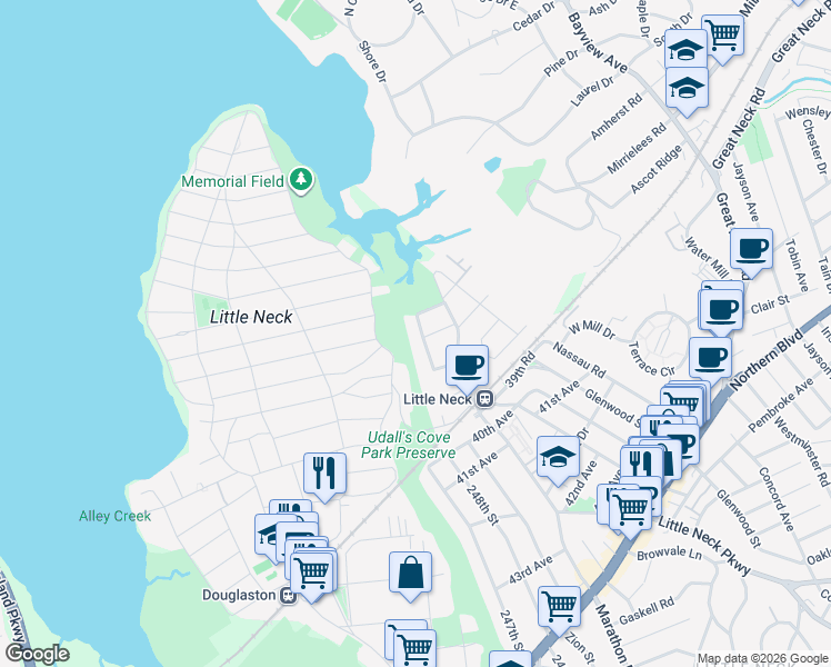map of restaurants, bars, coffee shops, grocery stores, and more near 34-14 Brookside Street in Queens
