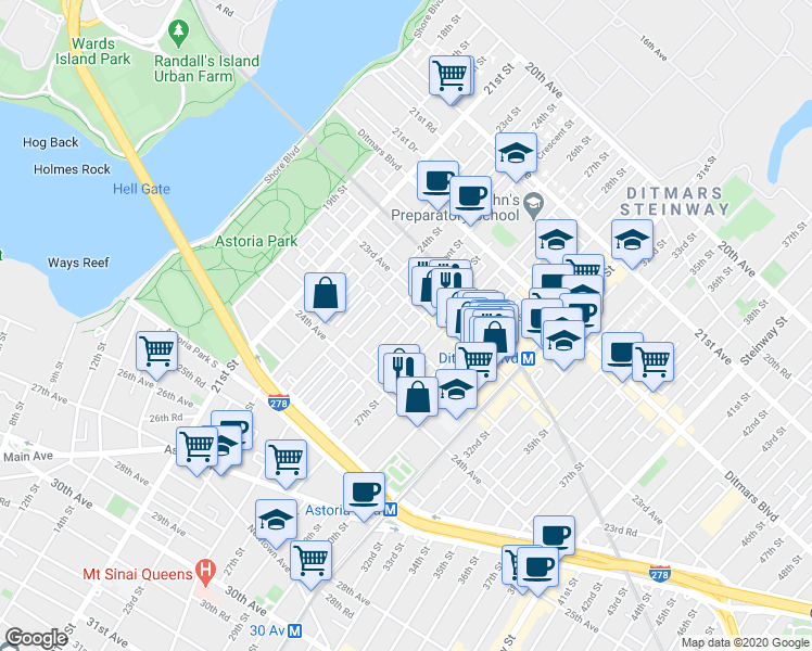 map of restaurants, bars, coffee shops, grocery stores, and more near 23-32 26th Street in Queens