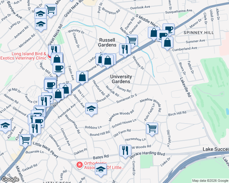 map of restaurants, bars, coffee shops, grocery stores, and more near 11 Norfolk Road in Great Neck