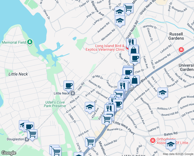 map of restaurants, bars, coffee shops, grocery stores, and more near 23 West Mill Drive in Great Neck
