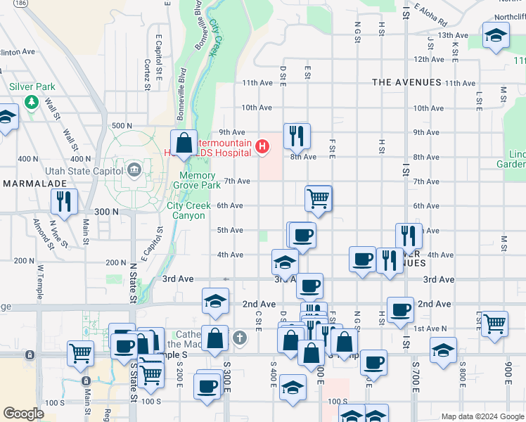 map of restaurants, bars, coffee shops, grocery stores, and more near 286 1/2 C Street East in Salt Lake City