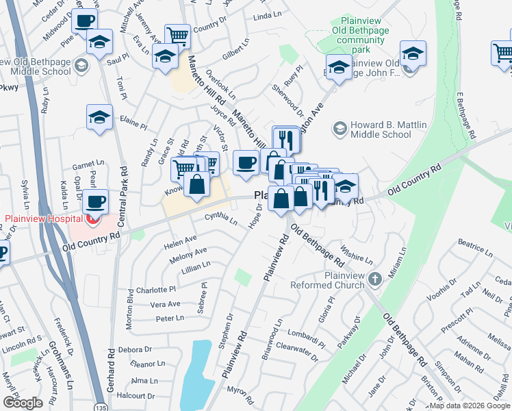 map of restaurants, bars, coffee shops, grocery stores, and more near 4 Hope Drive in Plainview
