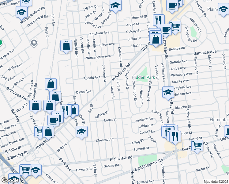 map of restaurants, bars, coffee shops, grocery stores, and more near 90 Cedar Street in Hicksville
