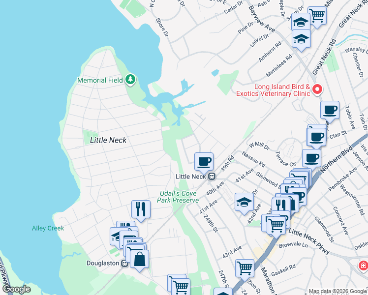 map of restaurants, bars, coffee shops, grocery stores, and more near 34-14 Brookside Street in Queens