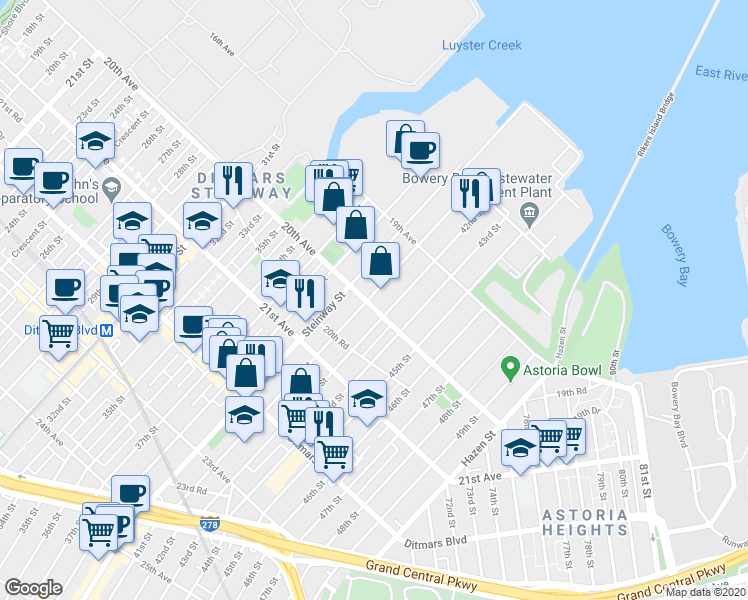 map of restaurants, bars, coffee shops, grocery stores, and more near 41-05 20th Avenue in Queens
