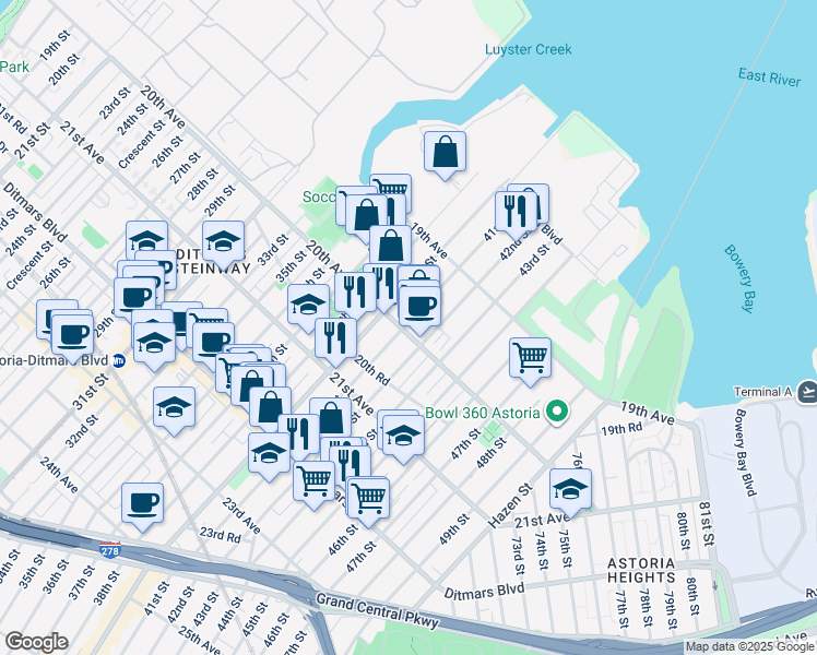 map of restaurants, bars, coffee shops, grocery stores, and more near 41-05 20th Avenue in Queens