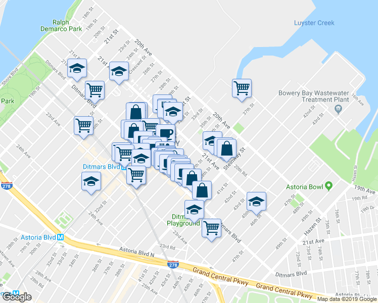 map of restaurants, bars, coffee shops, grocery stores, and more near 21-12 36th Street in Queens
