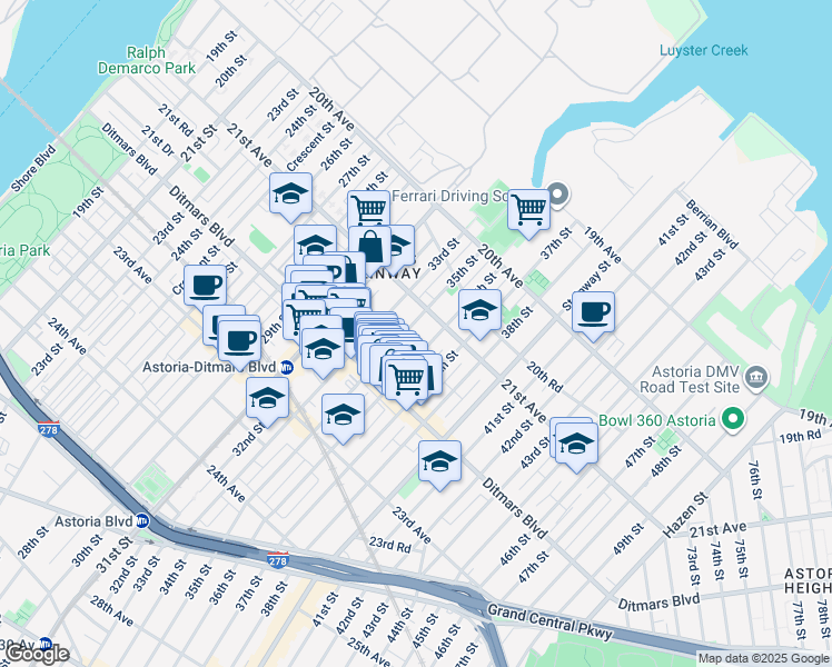 map of restaurants, bars, coffee shops, grocery stores, and more near 21-12 36th Street in Queens