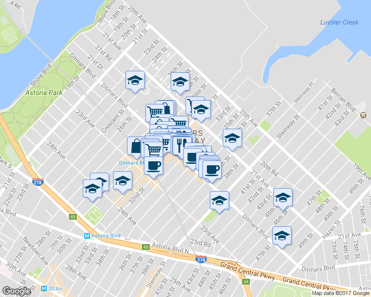 map of restaurants, bars, coffee shops, grocery stores, and more near 31-30 Ditmars Boulevard in Queens