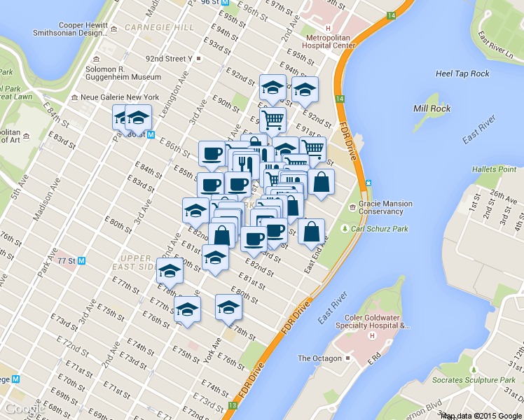 map of restaurants, bars, coffee shops, grocery stores, and more near in New York