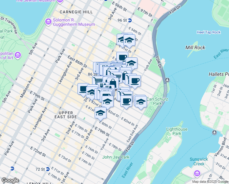 map of restaurants, bars, coffee shops, grocery stores, and more near 1634 1st Avenue in New York