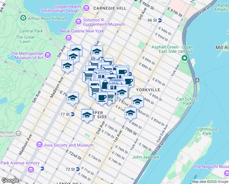 map of restaurants, bars, coffee shops, grocery stores, and more near 225 East 82nd Street in New York