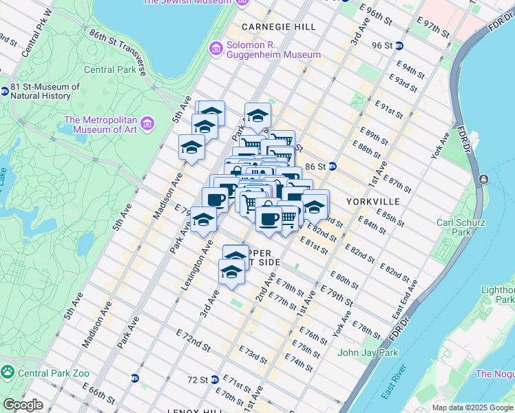 map of restaurants, bars, coffee shops, grocery stores, and more near 1445 3rd Avenue in New York