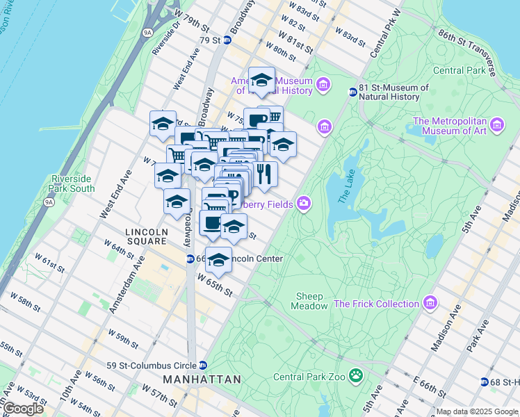 map of restaurants, bars, coffee shops, grocery stores, and more near 46 West 71st Street in New York