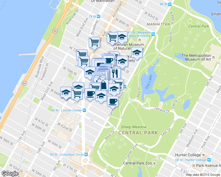 map of restaurants, bars, coffee shops, grocery stores, and more near 46 West 71st Street in New York