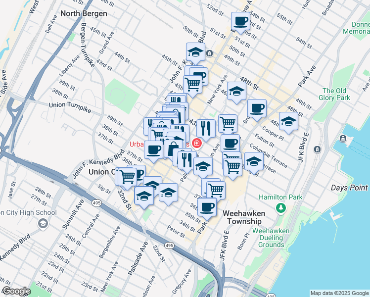 map of restaurants, bars, coffee shops, grocery stores, and more near 402 40th Street in Union City