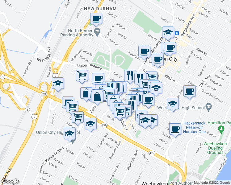 map of restaurants, bars, coffee shops, grocery stores, and more near 616 36th Street in Union City