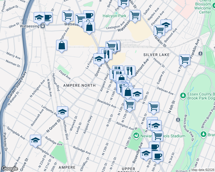 map of restaurants, bars, coffee shops, grocery stores, and more near 269 North 17th Street in Bloomfield